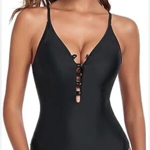 RELLECIGA Women's One Piece Button‎ Up Swimsuit Black Size Small